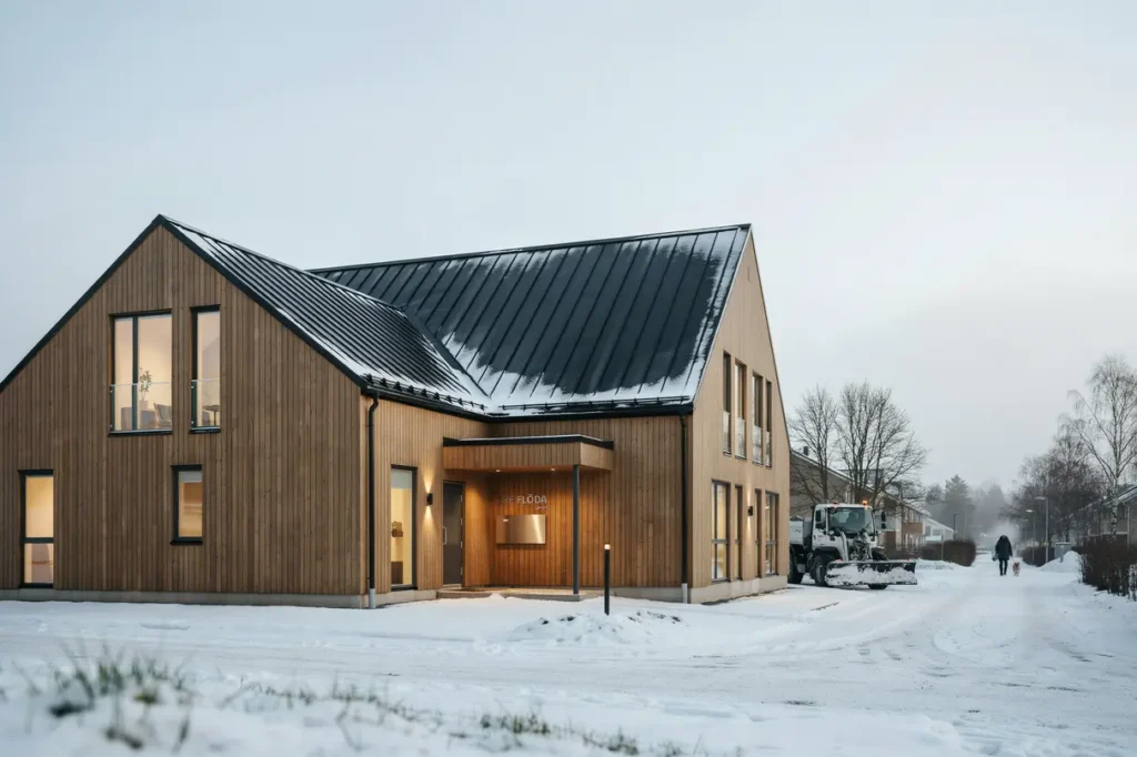 sn skottning och sn r jning av pulpettak p brf i floda lerum